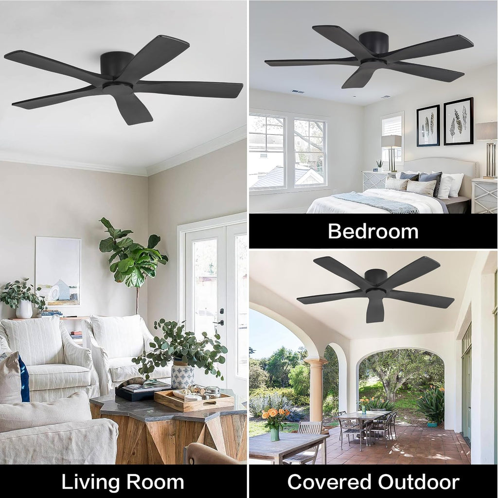WINGBO 54' Flush Mount DC Ceiling Fans Without Lights, 5 Carved Solid Wood Blades, 6-Speed Reversible DC Motor, Low Profile Hugger Ceiling Fan No Lights for Living Room Bedroom Patio, Matte Black