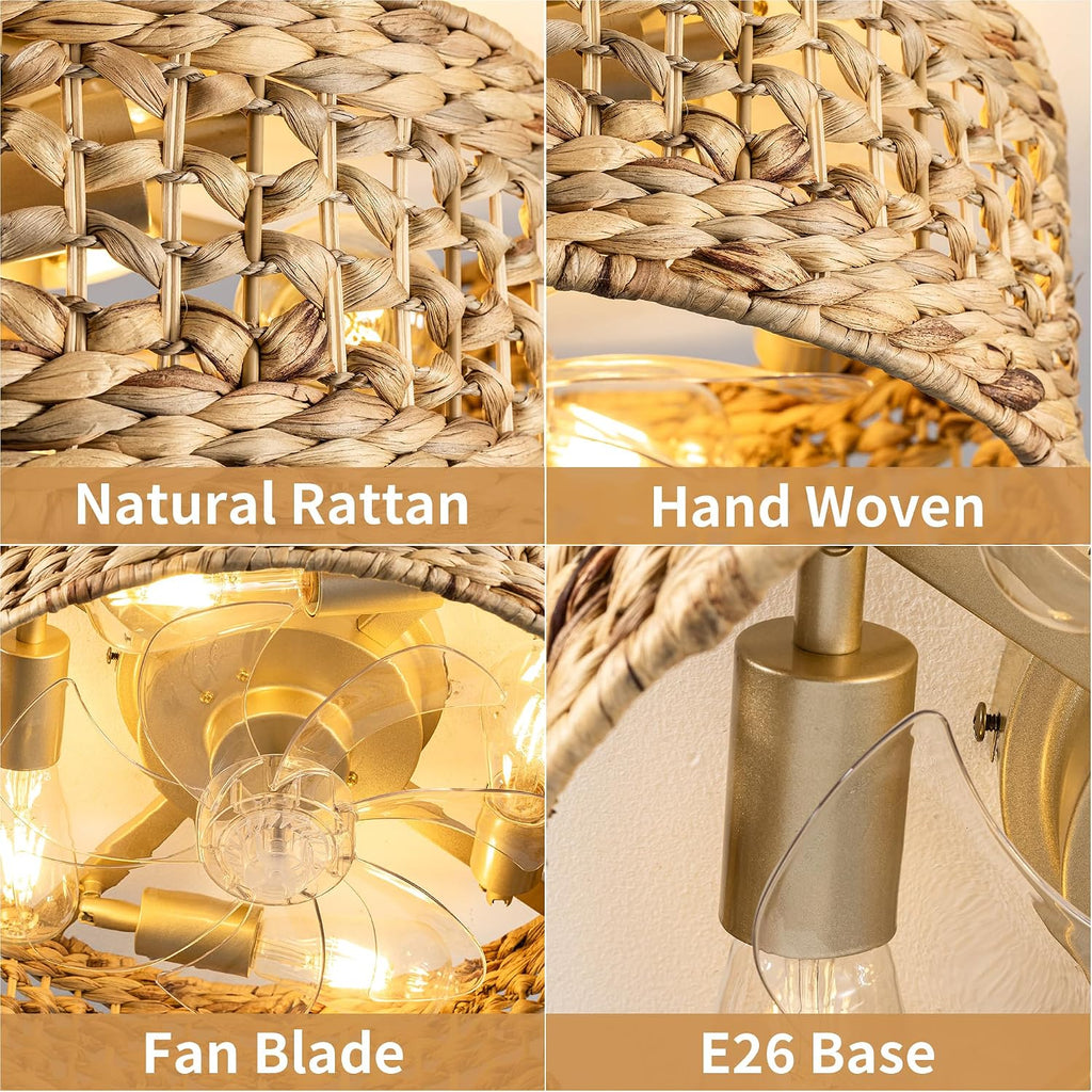 Handwoven Boho Ceiling Fan with Light,Rattan Caged Ceiling Fans with Lights and Remote Control Flush Mount Low Profile Enclosed 6 Speeds Fandelier for Bedroom,Living Room,Dining Room,4-Light