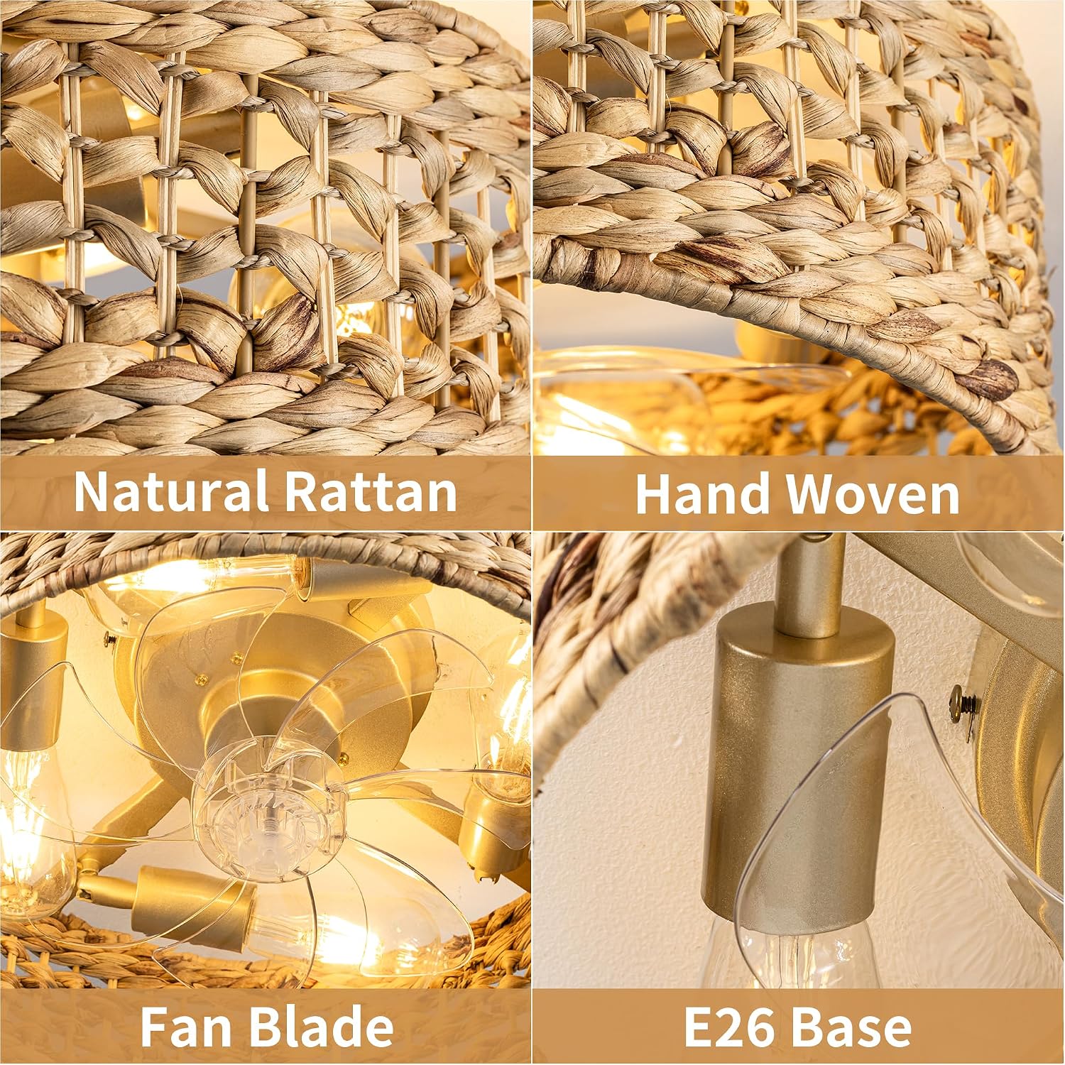 Handwoven Boho Ceiling Fan with Light,Rattan Caged Ceiling Fans with Lights and Remote Control Flush Mount Low Profile Enclosed 6 Speeds Fandelier for Bedroom,Living Room,Dining Room,4-Light