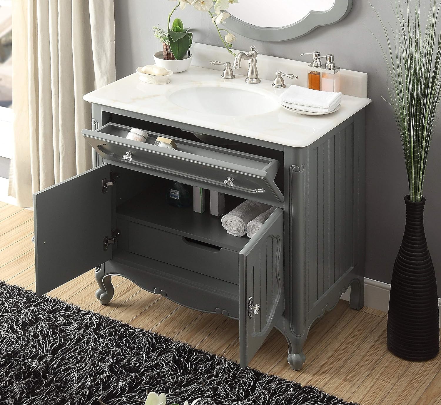 34' Knoxville Victorian Shabby Chic Gray Bathroom Vanity & Mirror GD-1533CK-MIR