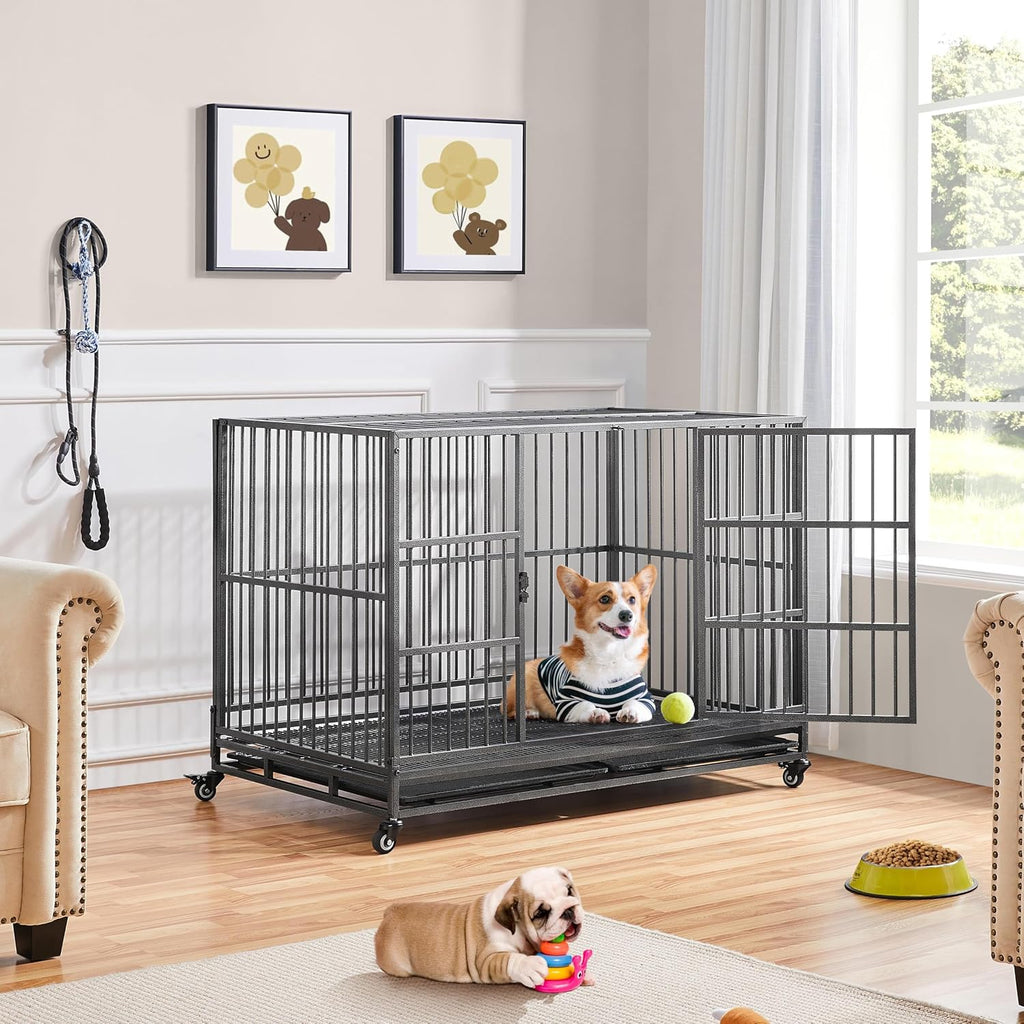 Yaheetech 48'' Dog Crate Extra Large Pet Crate XXL Indestructible Dog Crate W/2 Doors/Lockable Wheels/Removeable Trays for Indoor/Outdoor