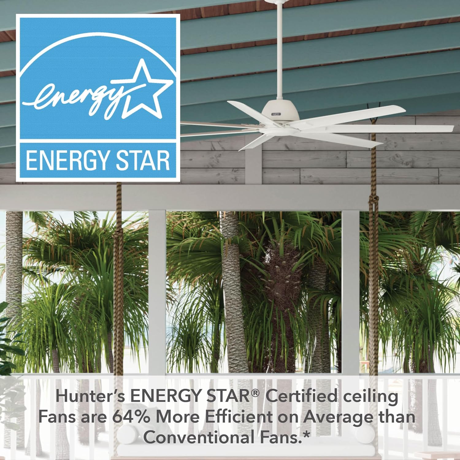 Hunter 72' Downtown Indoor/Outdoor Ceiling Fan, Wall Control, Matte White | ENERGY STAR fan is 64% more efficient, with SureSpeed high-velocity airflow for great rooms, lofts, or covered porches.