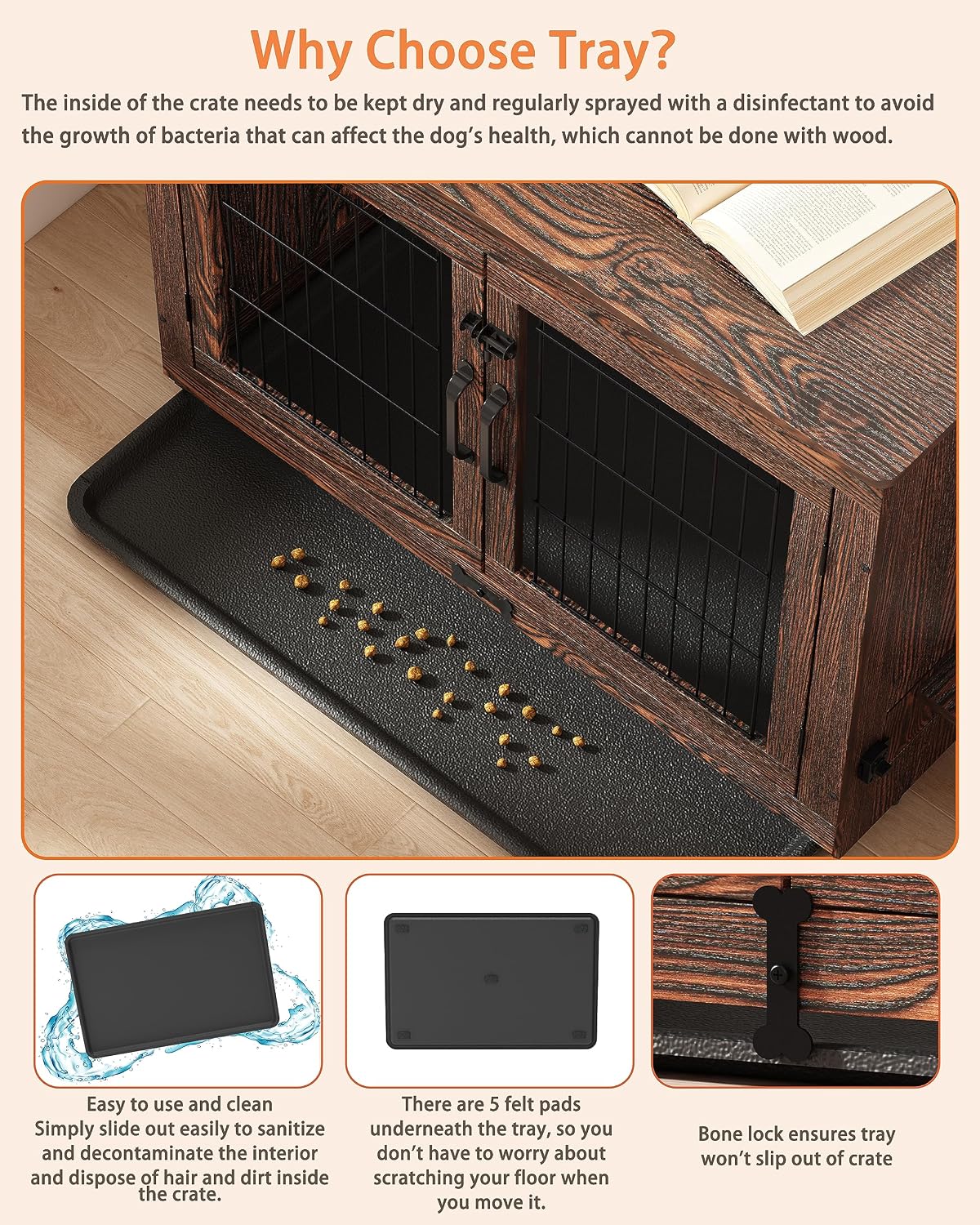 Piskyet Wooden Dog Crate Furniture with 360°Rotatable Removable Dog Bowls, Dog Crate End Table with Tray(L:37.7' L*25.1' W*26.1' H, Rustic Brown)