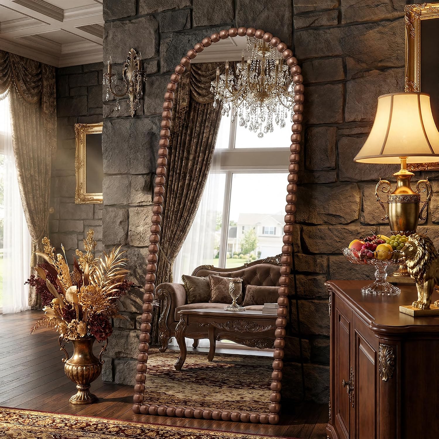 Antok 58' x 21' Arched Full Length Mirror, Antique Beaded Frame Floor Standing or Wall Mounted Mirror with Stand for Bedroom, Entryway, Brown, Luxury Style