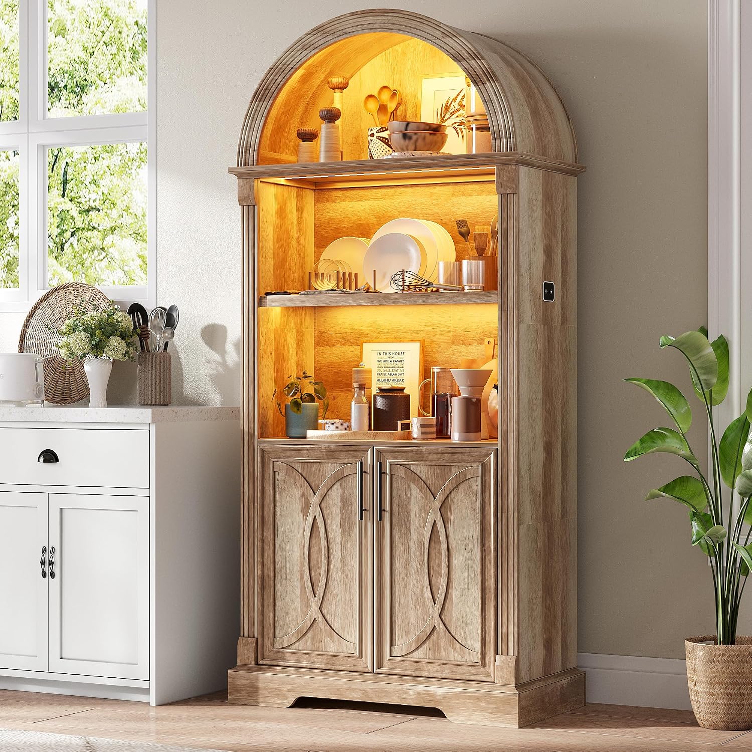 Vlsrka 71' Tall Arched Kitchen Pantry Cabinets, Wood Kitchen Storage Cabinets/Arched Bookshelf/Bookcase,China Cabinet with Open & Adjustable Shelves, Induction LED Light (Brown)
