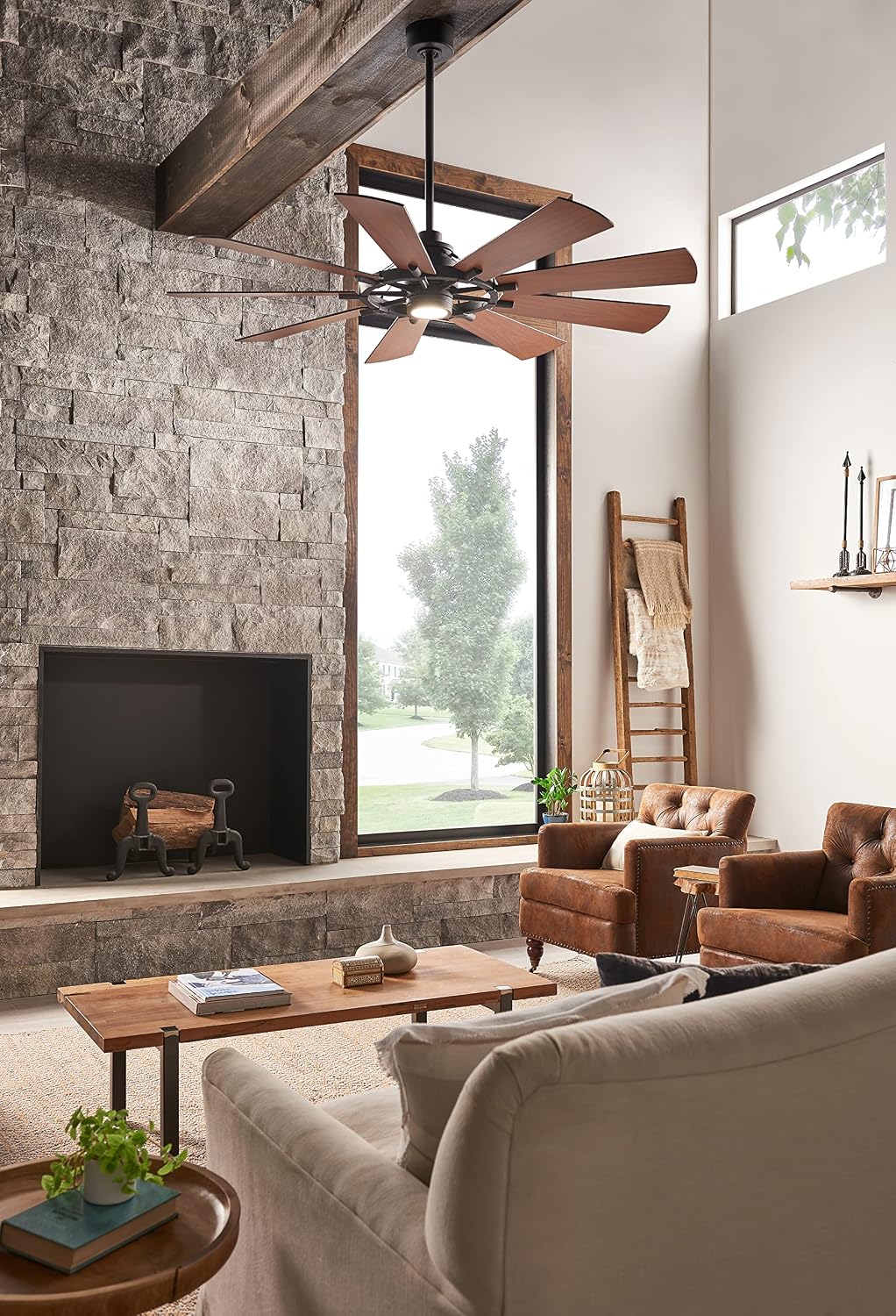 Kichler Gentry XL 65' Ceiling Fan with Lights, 1-Light LED, 3000K, 9-Blade Modern Rustic Fan for Bedroom in Distressed Black, (65' W x 16.5' H), 300265DBK