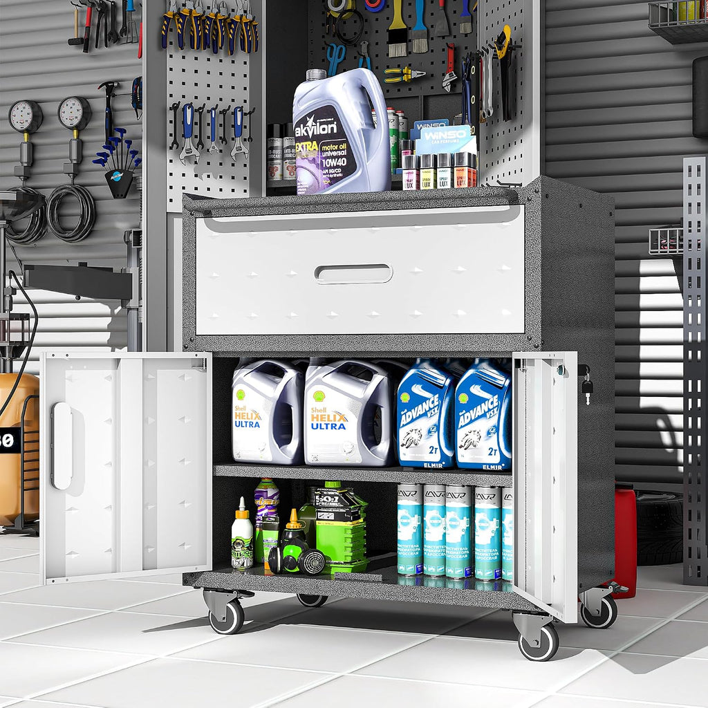 Metal Garage Storage Cabinet on Wheels, Lockable Rolling Tool Cabinet with Drawer and Shelves, Heavy Duty Mobile Steel Cabinet for Garage Warehouse Workshop