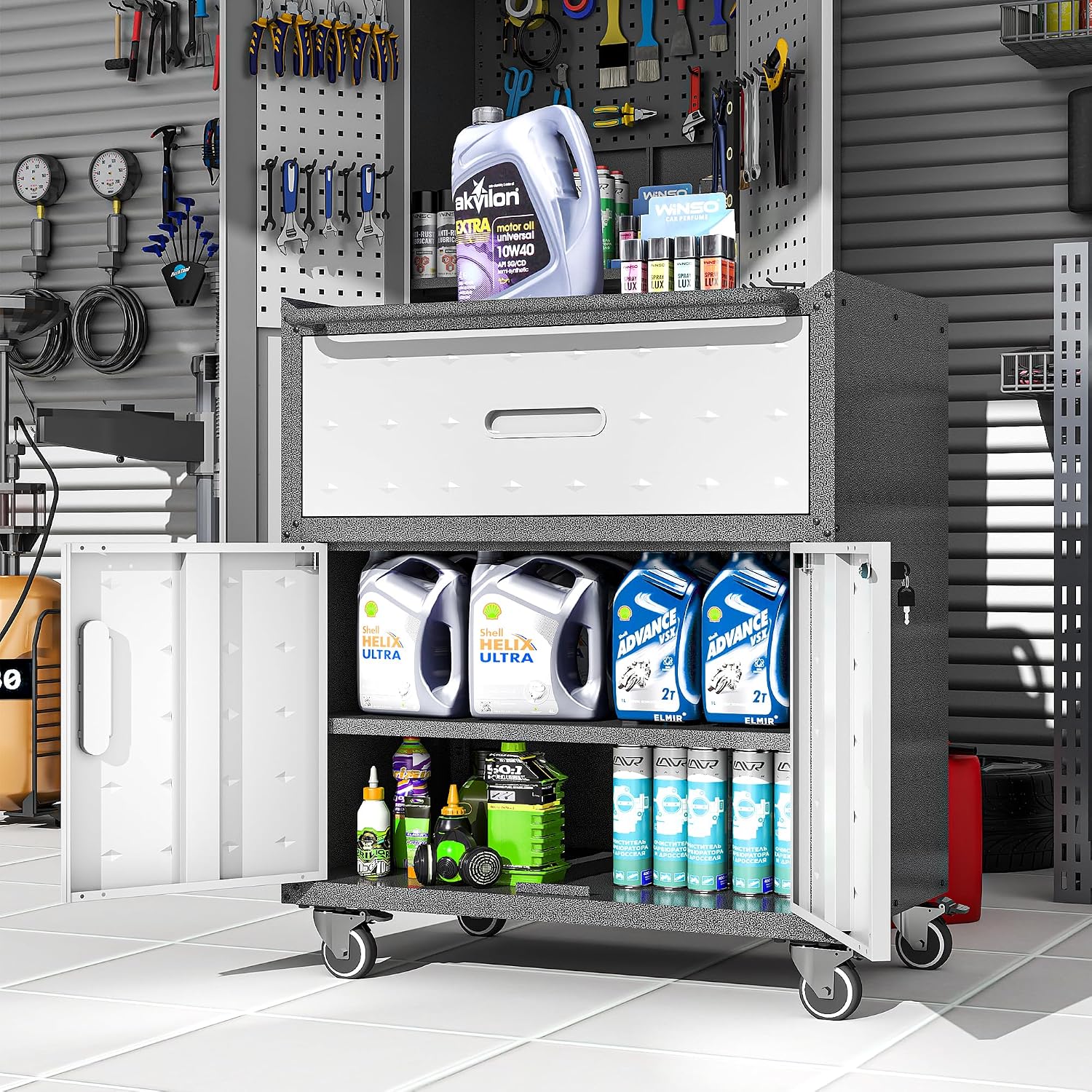Metal Garage Storage Cabinet on Wheels, Lockable Rolling Tool Cabinet with Drawer and Shelves, Heavy Duty Mobile Steel Cabinet for Garage Warehouse Workshop
