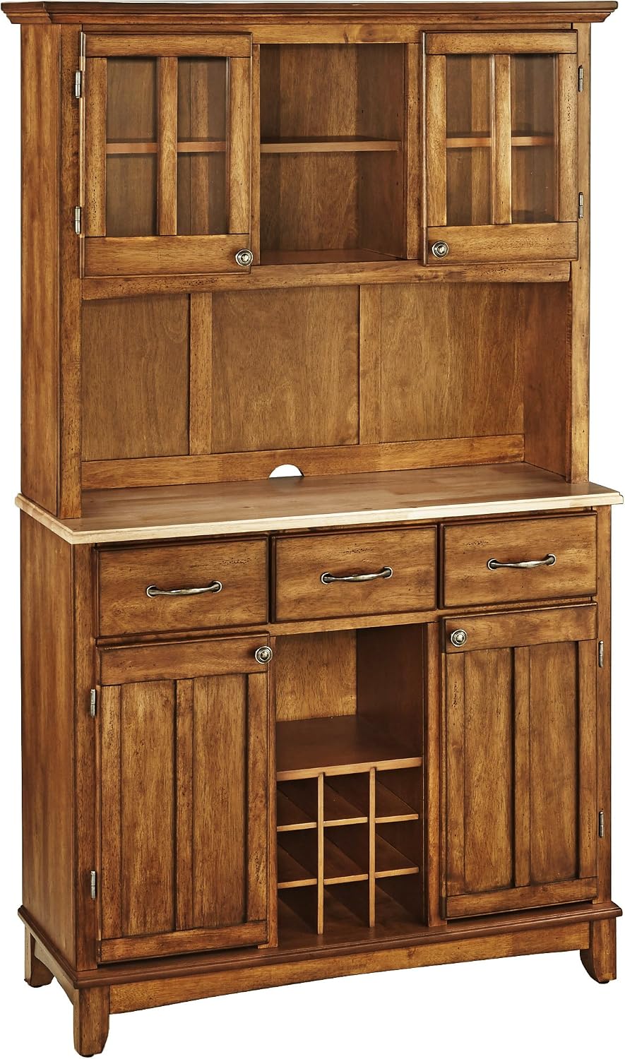 Home Styles Buffet of Buffets Cottage Oak Server with Natural Wood Top, Three Utility Drawers, Two Door Hutch, Removable Wine Rack, and Brushed Steel Hardware