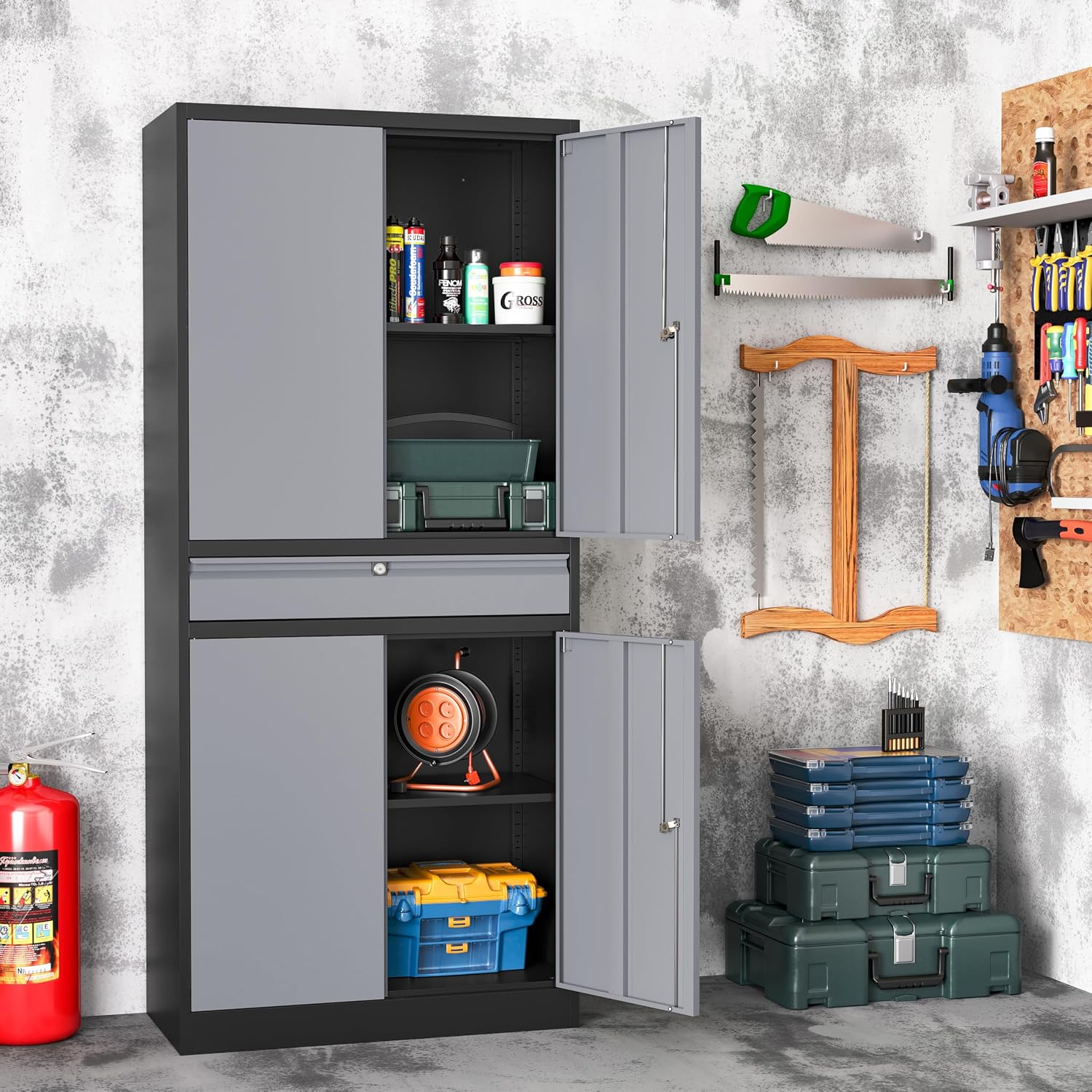 Metal Storage Cabinet with Drawer, Garage Storage Cabinet with Locking Doors and Adjustable Shelves for Garage, Home Office,Warehouse