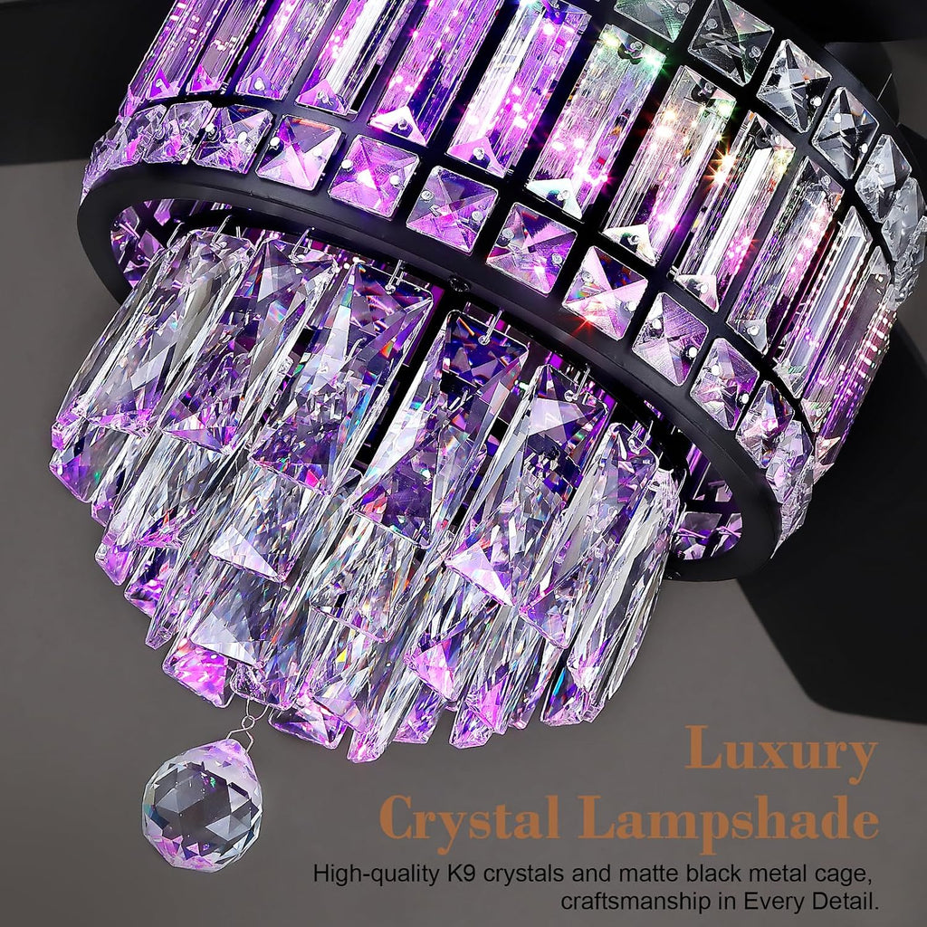 Kviflon 52 Inch Crystal Ceiling Fan with RGB Lights, Black Fandelier Ceiling Fan with Light and Remote/APP Control, Modern Chandelier Ceiling Fan for Bedroom Living Room, Quiet DC Motor, Dimmable LED