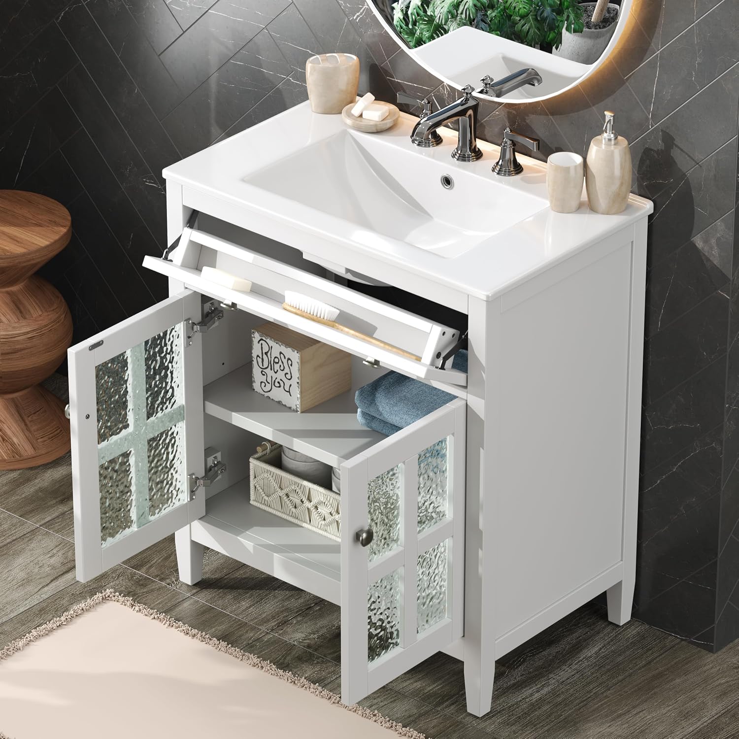 30' Bathroom Vanity with Sink, Bathroom Sink with Cabinet, Adjustable Interior Shelf, Convenient Tip-Out Tray, Silver Metal Knobs, A Modern and Practical Choice for Guest Suites