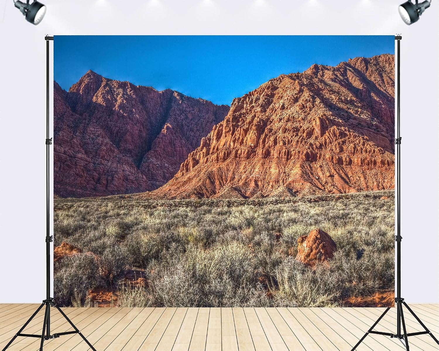 Trykid 20x10ft Rugged Red Cliffs Backdrop Desert Shrubs Clear Blue Sky Landscape Photography Background Hiking Theme Tapestry Party Decoration Photo Studio Prop Fabric