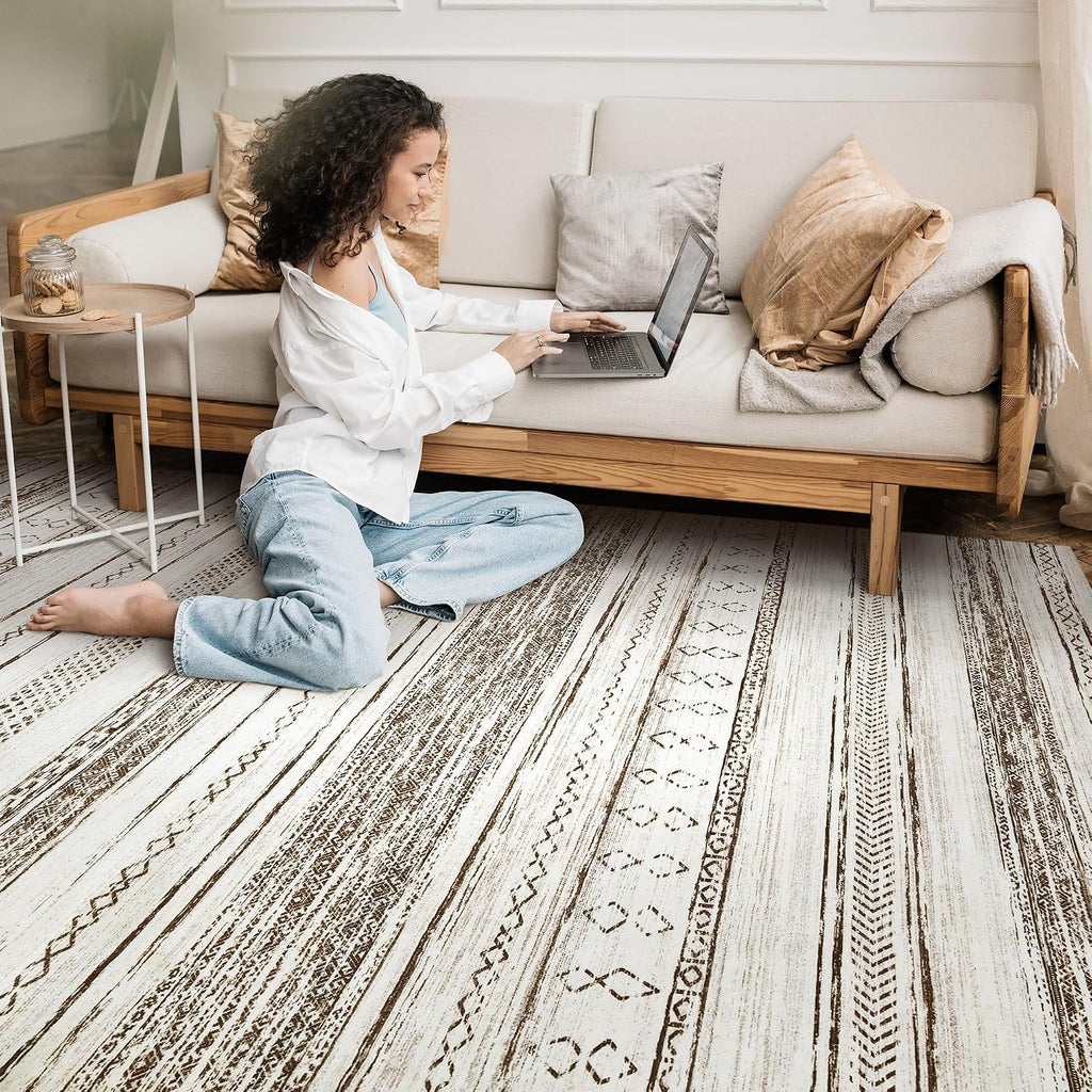 Tortania Area Rug Living Room Rugs - 10x14 Washable Large Soft Neutral Boho Moroccan Bohemian Farmhouse Rug Indoor Floor Carpet for Bedroom Under Dining Table Home Office Decor - Cream Brown