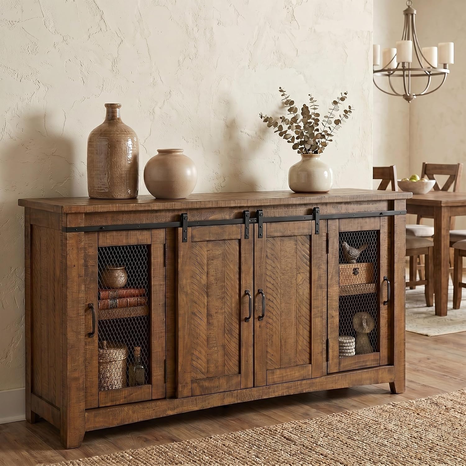 Martin Svensson Home 65' Solid Pine Wood Entertainment Center with Storage. Rustic TV Stand for TVs up to 70.' Sliding Doors, Adjustable Shelves & Cable Management – Natural Finish