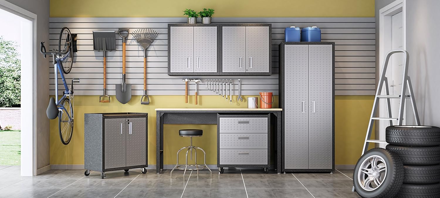 Manhattan Comfort Fortress Collection Convenient Durable Mobile Garage Chest Great for Tools and Supplies, Dark Charcoal Gray/Silver