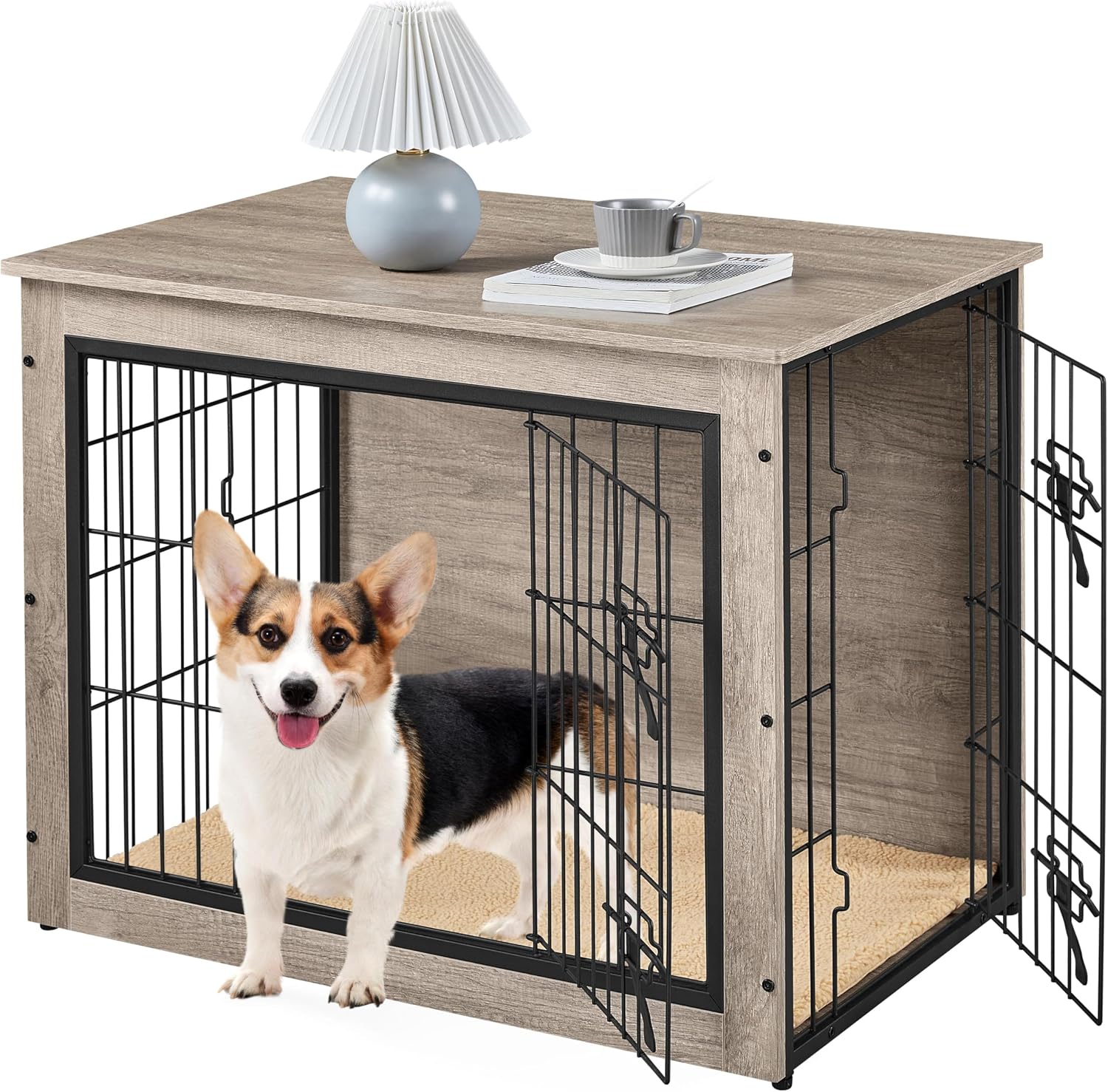 Yaheetech 32 Inch Dog Crate Furniture with Cushion, Wooden Dog Kennel with Double Door Side End Table with Adjustable Feet for Small Medium Dogs, Greige