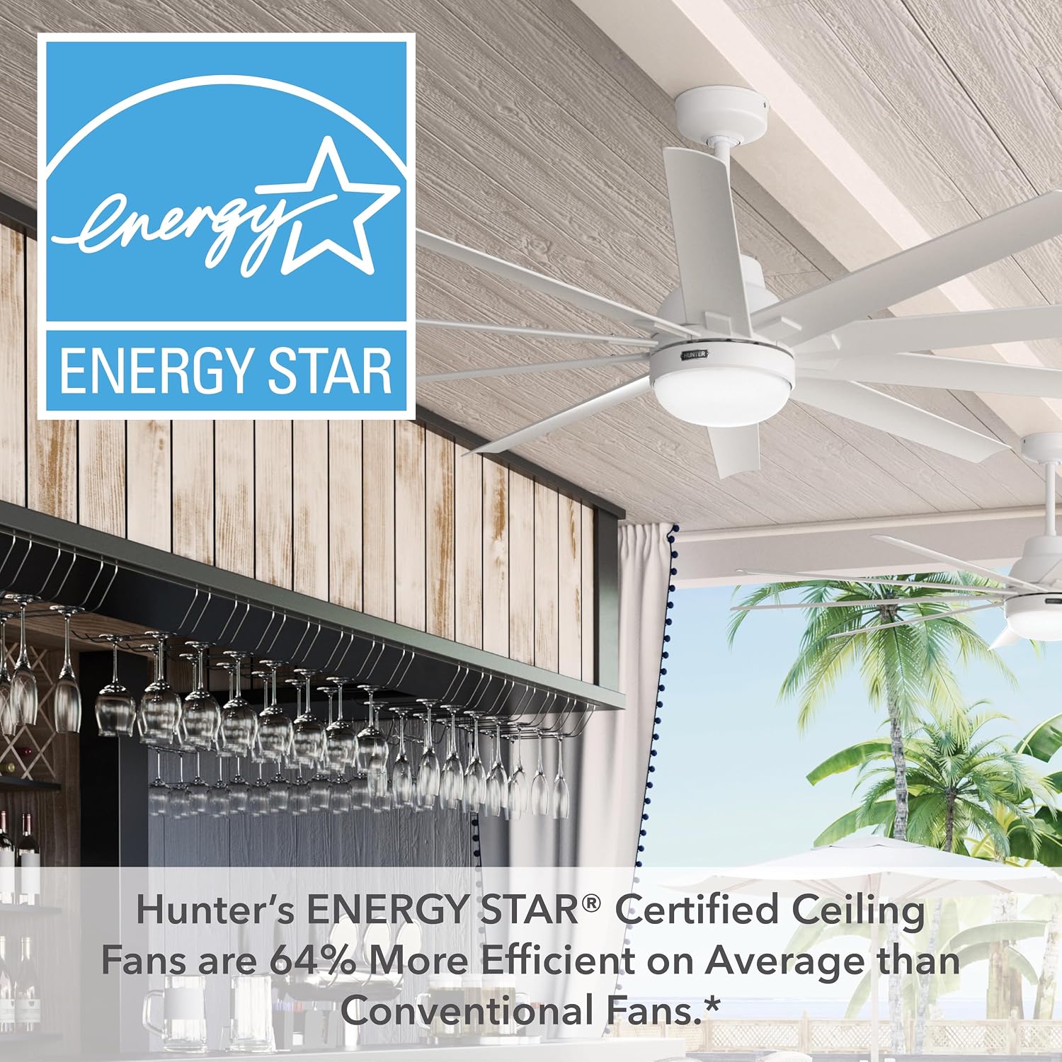 Hunter 72 inch Outdoor or Indoor Ceiling Fan with LED Light - White Ceiling Fan with Wall Control, For Patio, Garage, or Porch, Quiet, Standard Mount, 10 Blades - Overton 50717, Matte White