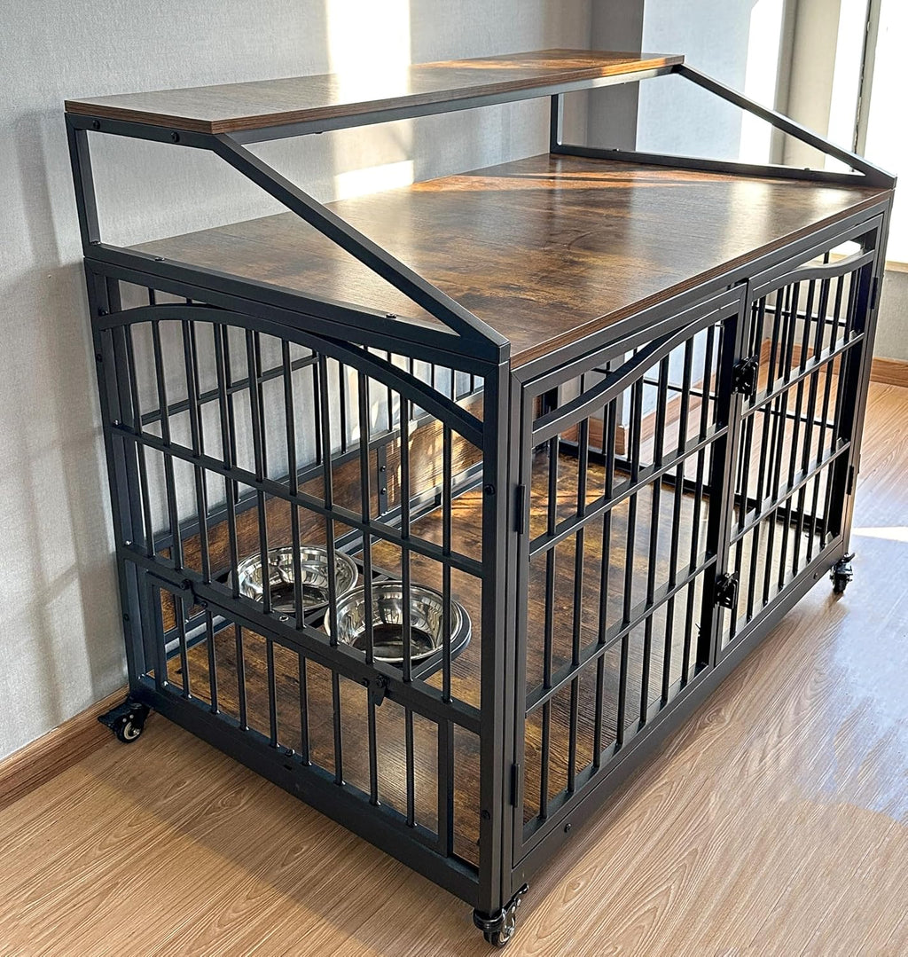48 Inch Dog Crate Furniture, XXL Kennel Cage Rustic Wooden Pet House End Table Dog Home for Large Dogs with 2 Stainless Steel Bowls Indoor Use 48' L x 30' W x 40' H