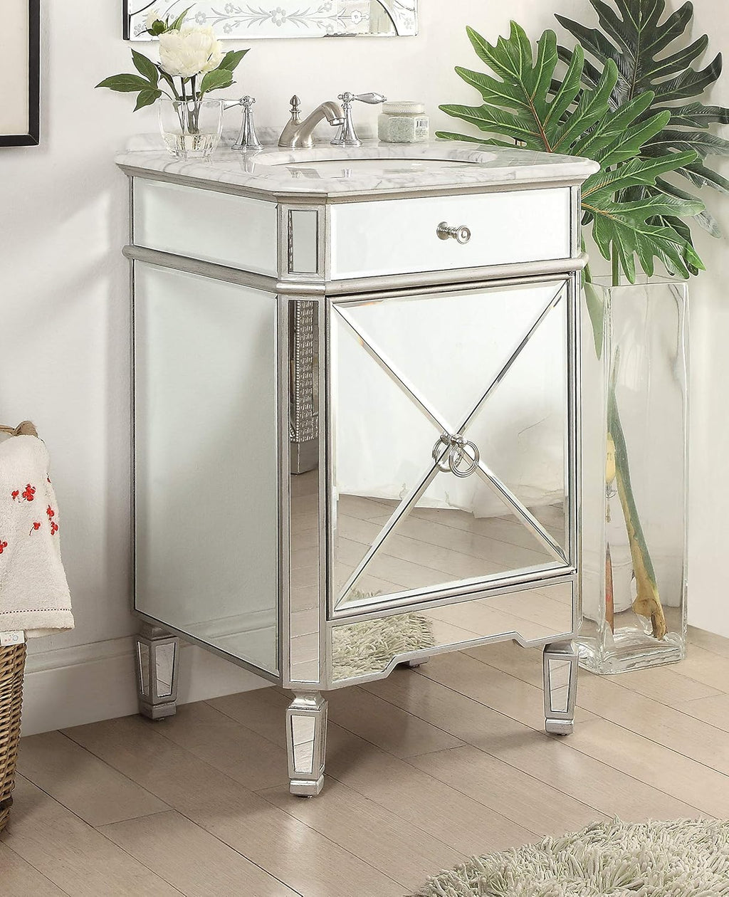 24' Mirrored Reflection Antique Silver Asger Powder Room Bathroom Vanity - BC-5026SL