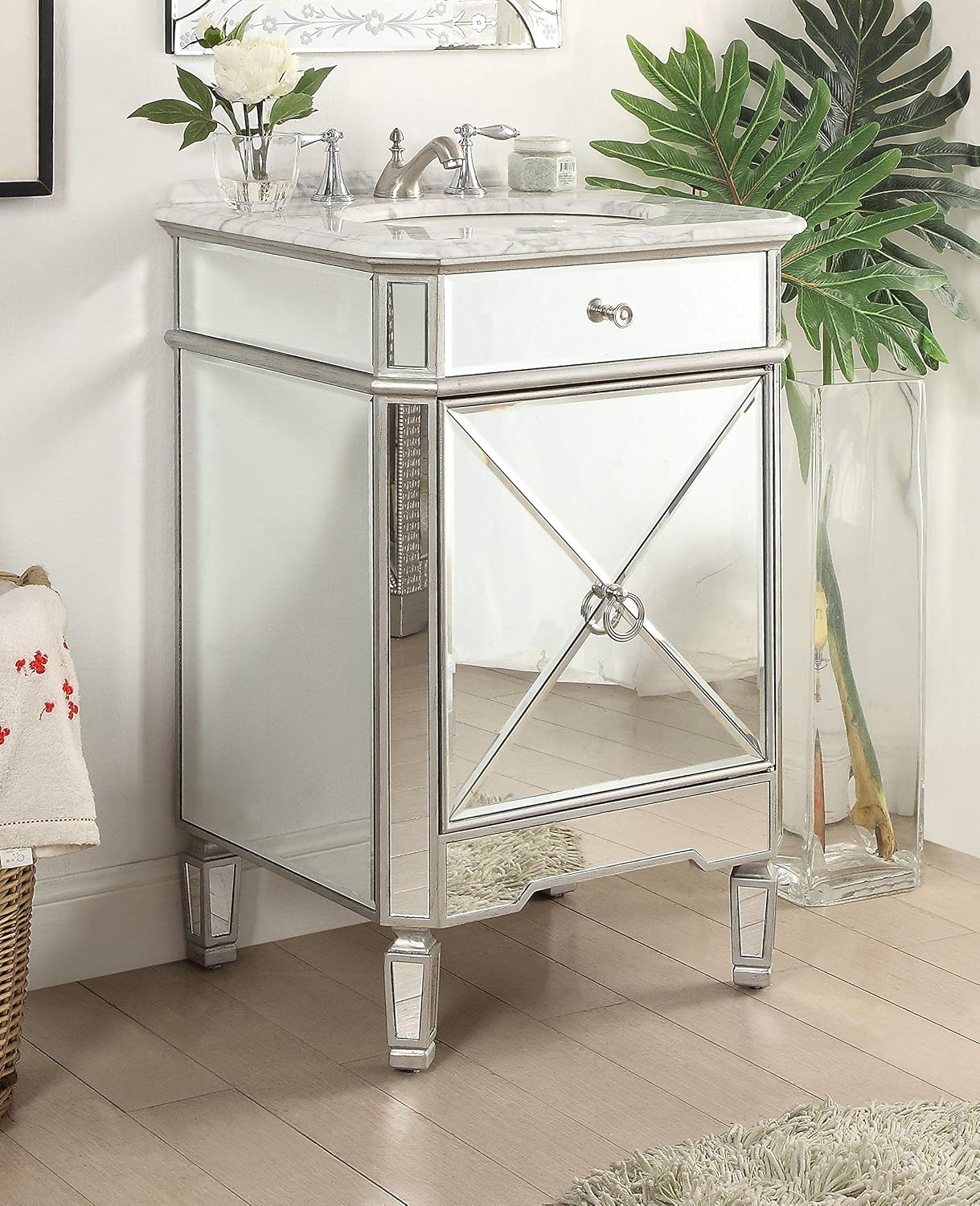 24' Mirrored Reflection Antique Silver Asger Powder Room Bathroom Vanity - BC-5026SL