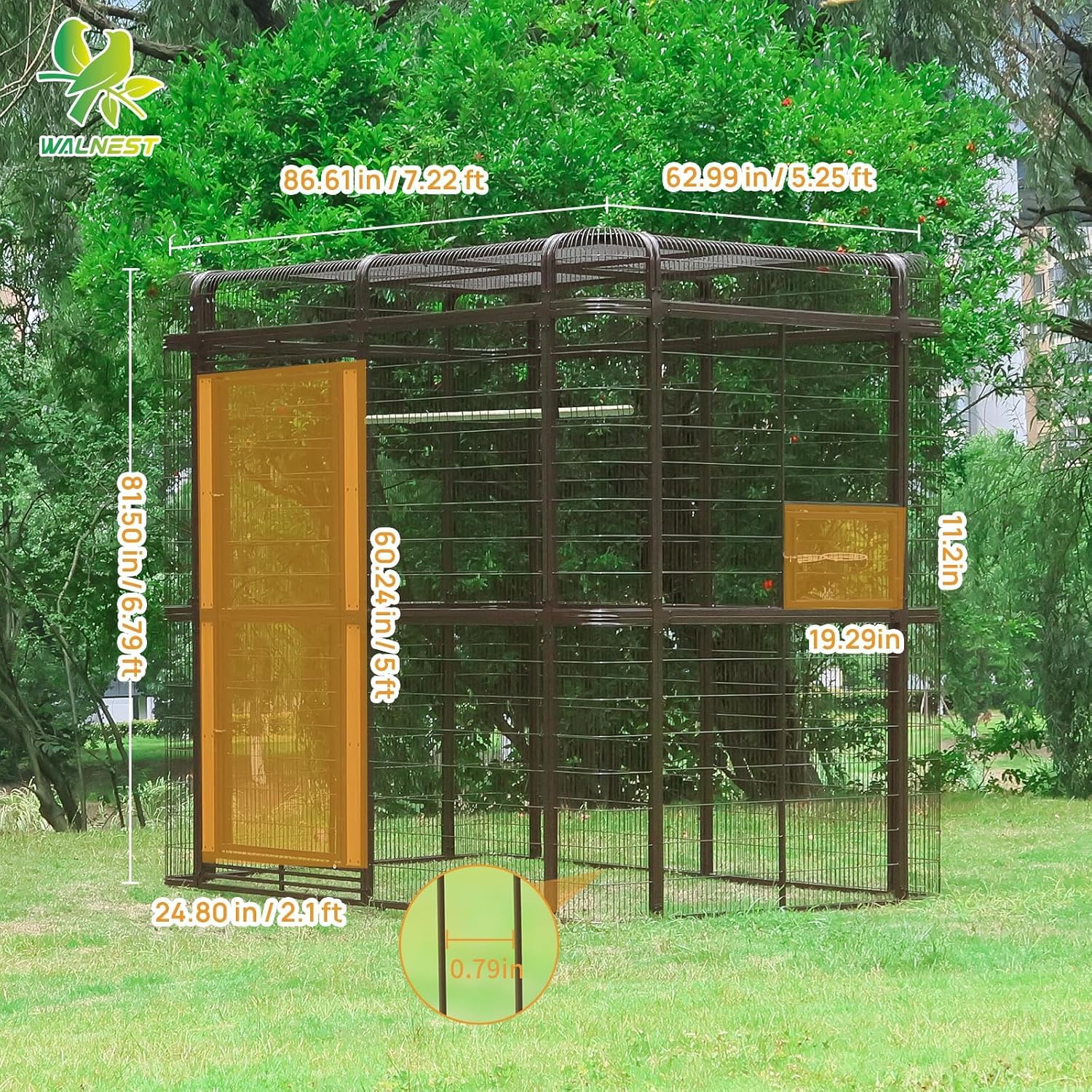 87-inch Outdoor Large Walk-in Cage Heavy Duty Bird Cage Carbon Crystal Board Aviary Parrot Cage Wide Flight Metal Birdcage for Macaw Budgie Conure Lovebird Parakeet Cockatiel, 7.22x5.25x6.8ft, Brown