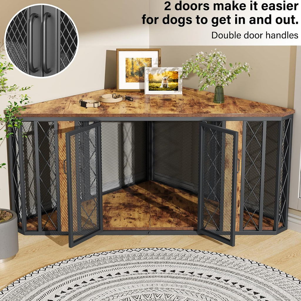 kepptory 67' Corner Wooden Dog Crate Furniture with Diamond Metal Decoration, Pet Kennel for Small, Medium and Large Dogs, Space-Saving Dog Cage for TV Stand(Brown)