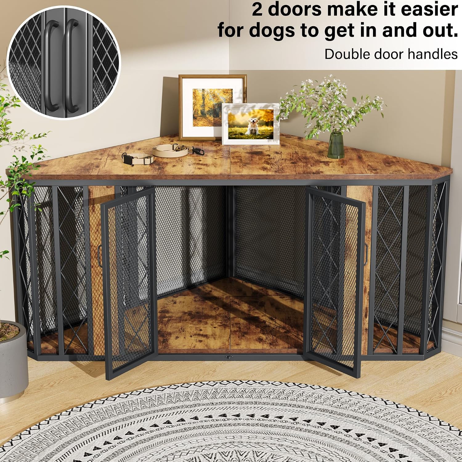 kepptory 67' Corner Wooden Dog Crate Furniture with Diamond Metal Decoration, Pet Kennel for Small, Medium and Large Dogs, Space-Saving Dog Cage for TV Stand(Brown)