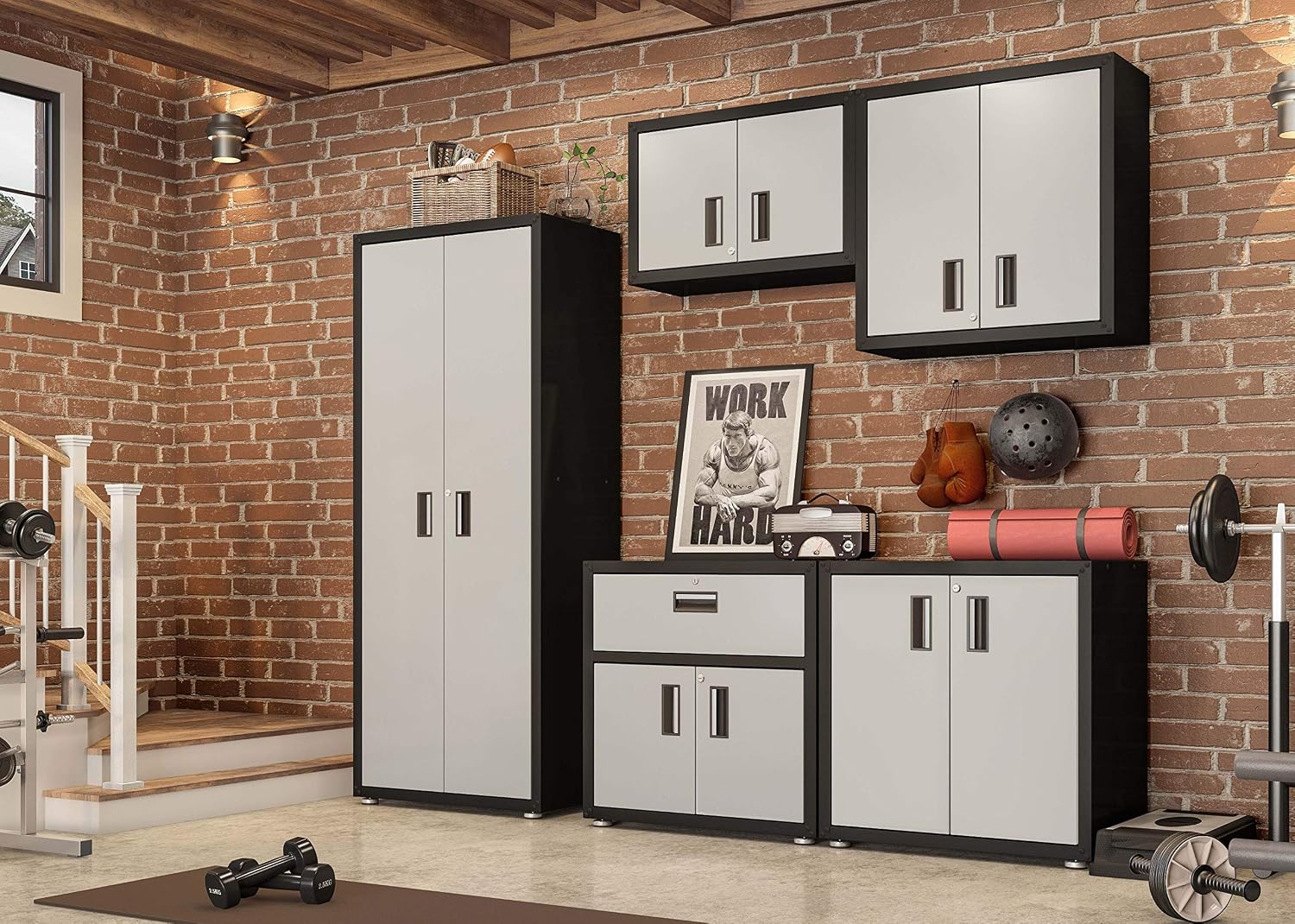Floating Garage Storage Cabinet - Heavy-Duty Wall Mount Steel Cabinet, Lockable 2-Door Design, Removable Shelf, 44 lbs Capacity, Ready-to-Assemble Metal Garage Organizer (Black and Grey)
