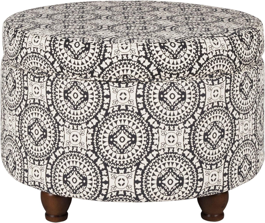Homepop Home Decor | Upholstered Round Storage Ottoman | Ottoman with Storage for Living Room & Bedroom, Black and White Medallion Large
