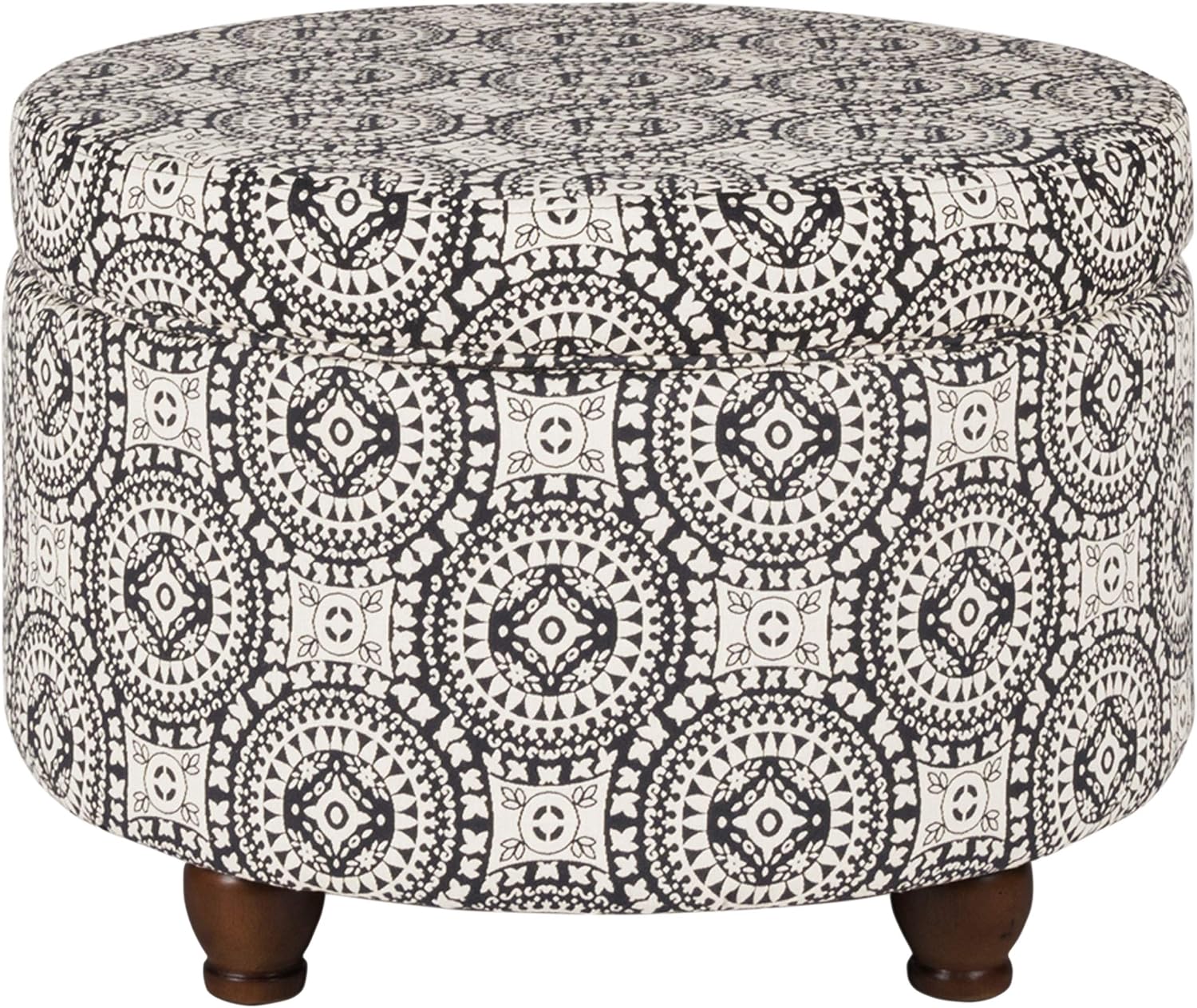 Homepop Home Decor | Upholstered Round Storage Ottoman | Ottoman with Storage for Living Room & Bedroom, Black and White Medallion Large