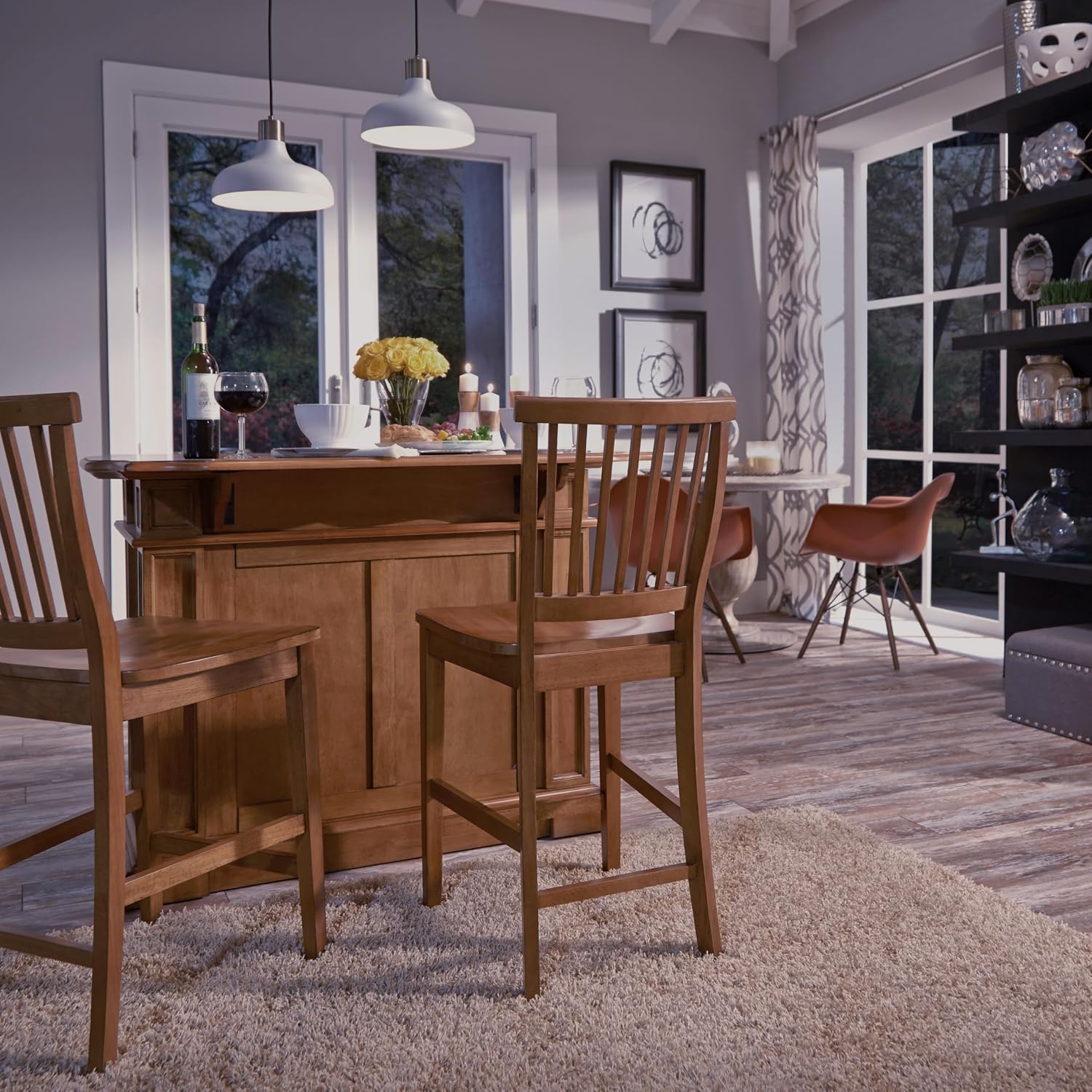 Homestyles Americana Cottage Oak 3-Piece Kitchen Island Set with Hardwood Drop Leaf Top and Two Counter Stools