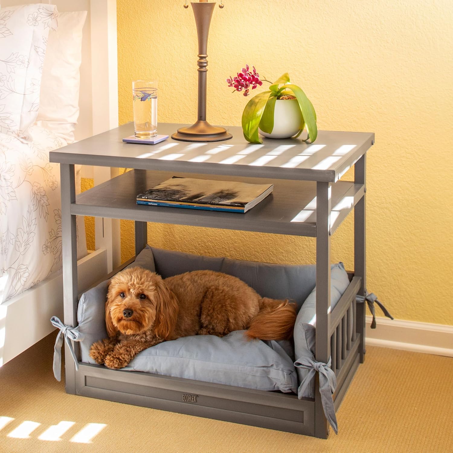 New Age Pet ECOFLEX Nightstand Dog Bed, Indoor Pet Bed with Moisture Resistant Frame & Soft Cushion, Tool Free Assembly, Grey