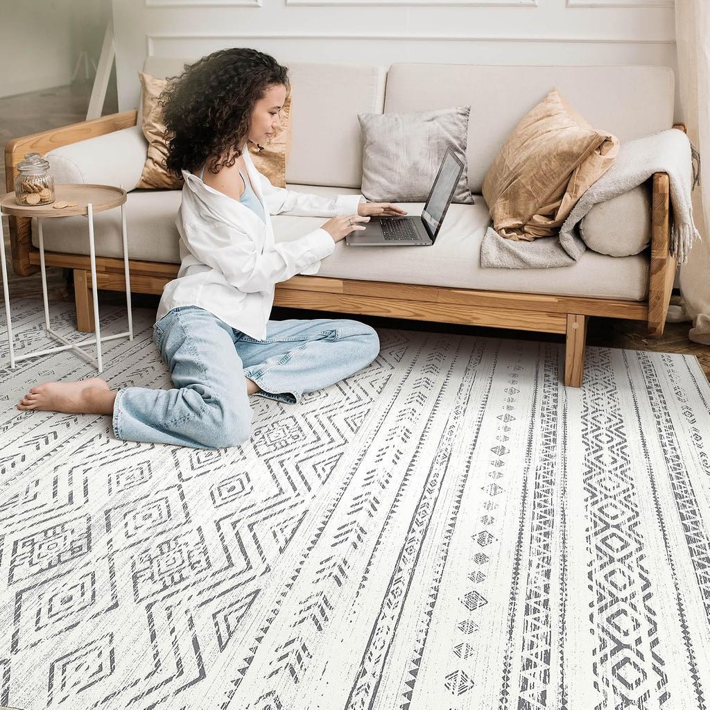 Tortania Area Rug Living Room Rugs- 10x13 Washable Large Soft Neutral Boho Moroccan Bohemian Farmhouse Rug Indoor Floor Carpet for Bedroom Under Dining Table Home Office Decor - Beige Gray