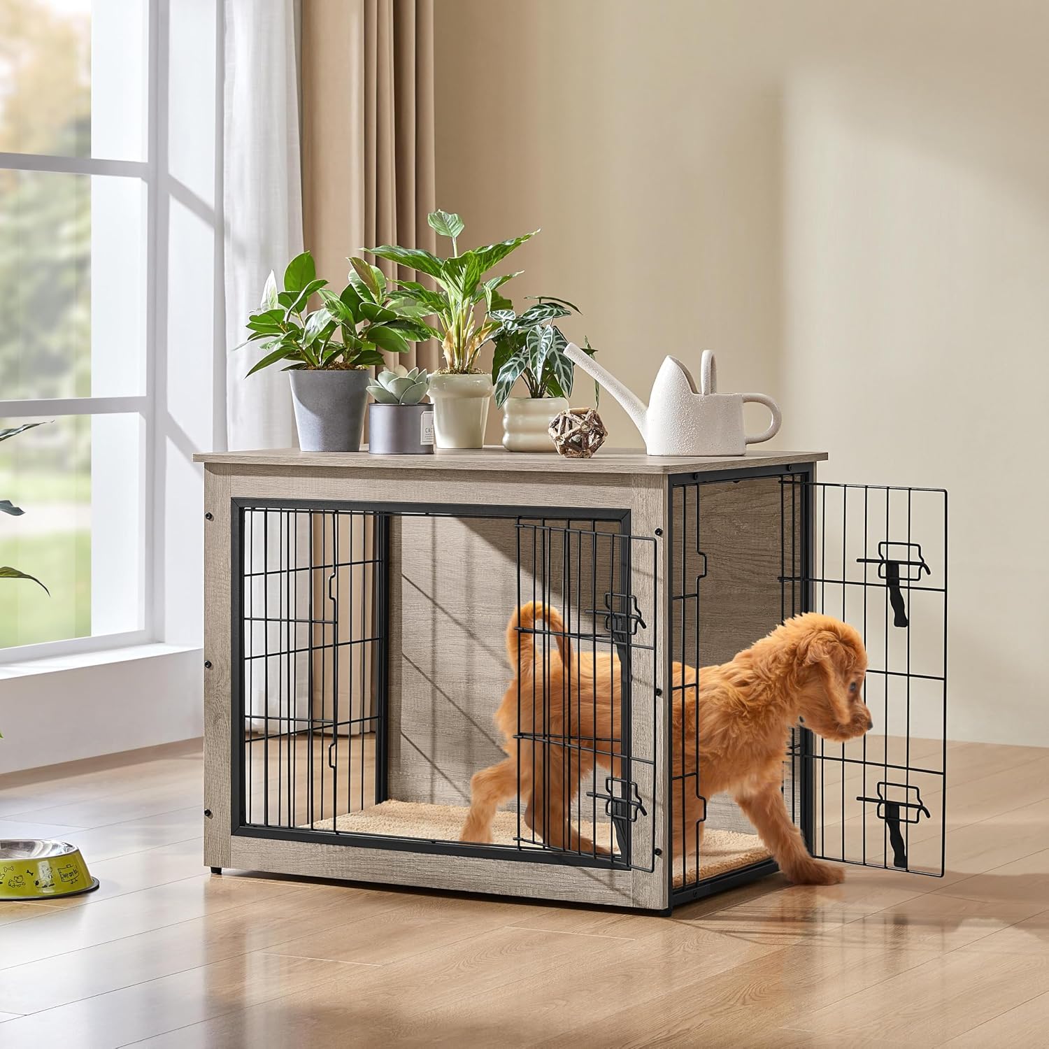 Yaheetech 32 Inch Dog Crate Furniture with Cushion, Wooden Dog Kennel with Double Door Side End Table with Adjustable Feet for Small Medium Dogs, Greige