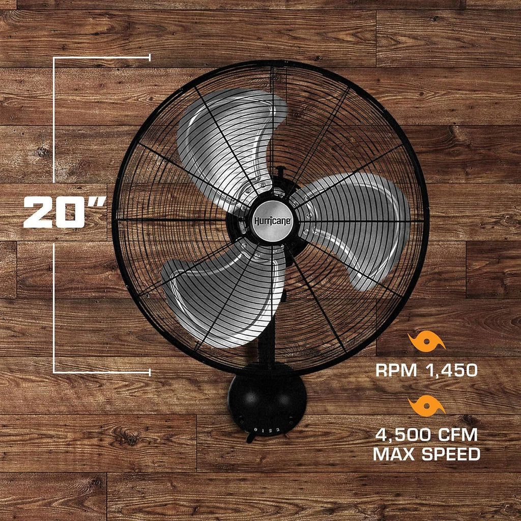 Hurricane Pro High Velocity Oscillating Metal Wall Mount Fan w/ 3 Speeds, Black, 20' - Corded Electric Air Cooling Unit w/ Powerful 4500 CFM Airflow for Home, Garage, Gym, Workshop & Greenhouse