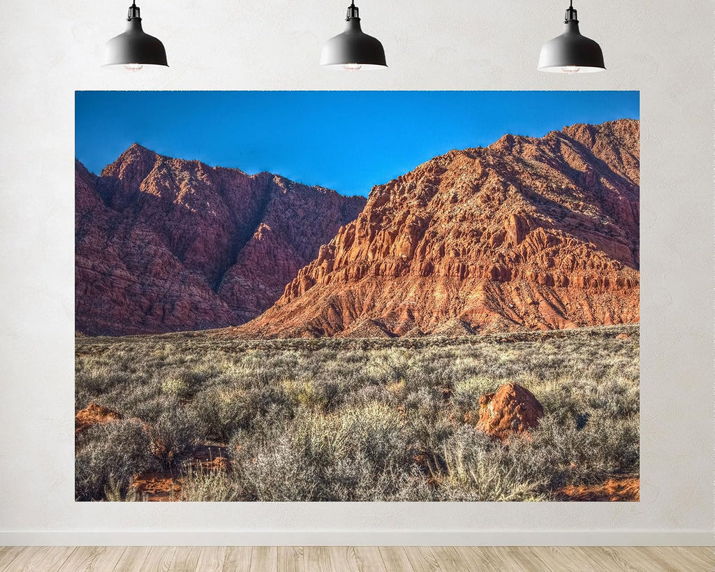 Trykid 20x10ft Rugged Red Cliffs Backdrop Desert Shrubs Clear Blue Sky Landscape Photography Background Hiking Theme Tapestry Party Decoration Photo Studio Prop Fabric