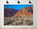 Trykid 20x10ft Rugged Red Cliffs Backdrop Desert Shrubs Clear Blue Sky Landscape Photography Background Hiking Theme Tapestry Party Decoration Photo Studio Prop Fabric