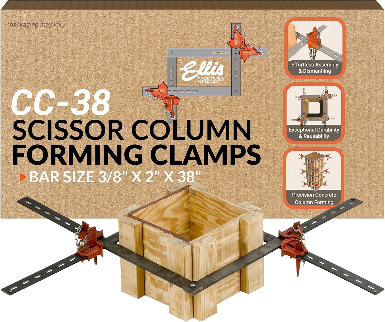 Ellis Manufacturing Company Scissor Column Forming Clamps - Clamp Set for Carpentry & Construction - Net Concrete 10' - 24' - Bar Size 3/8' x 2' x 38'