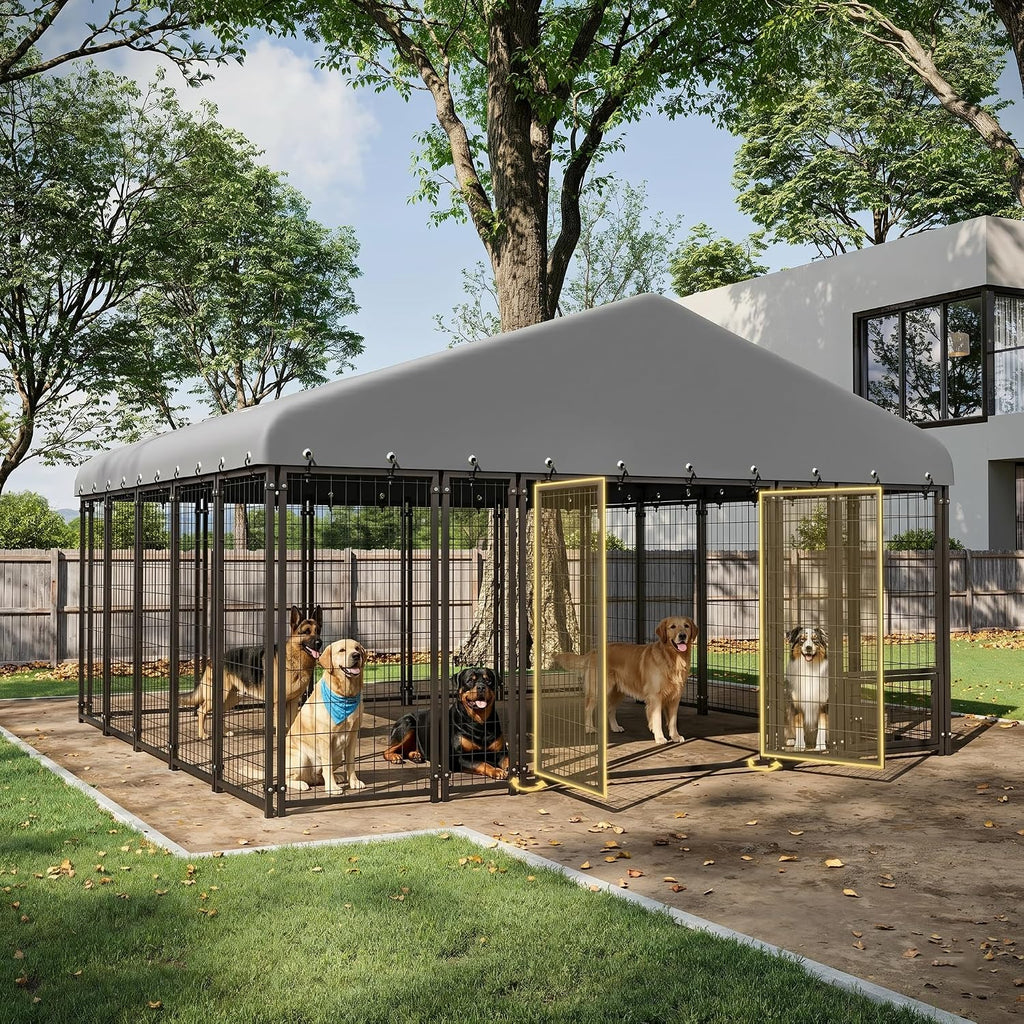 10X10FT Large Dog Kennel Outdoor Dog Enclosure Outside, Double Door Heavy Duty Galvanized Steel Dog Crate Durable Dog Cage with Roof & Double Lock