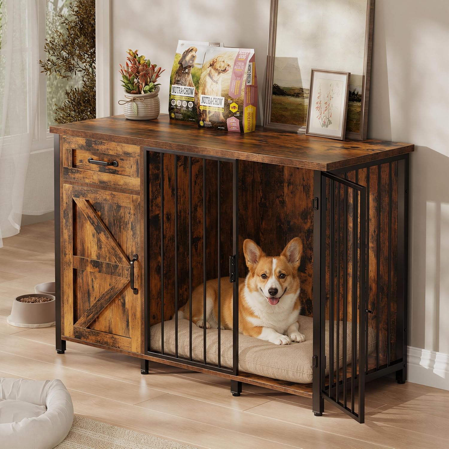 kepptory 2-in-1 Furniture Dog Crate End Table, Heavy Duty Dog Crate Furniture with Charging Station, Large Wooden Dog Kennel for Indoor with 440 lbs Load Capacity Metal Door Dog Cage for Living Room