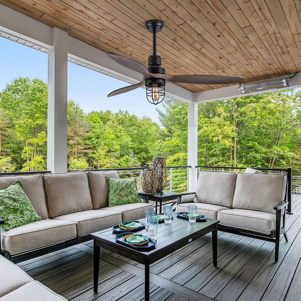 WWM 52 Inch Rustic Outdoor Ceiling Fan with Light and Remote, 3 Wood Blades, Include Bulbs Modern Black Farmhouse Industrial Ceiling Fan for Outdoor Ceiling Fans for Patios,Porch,Bedroom