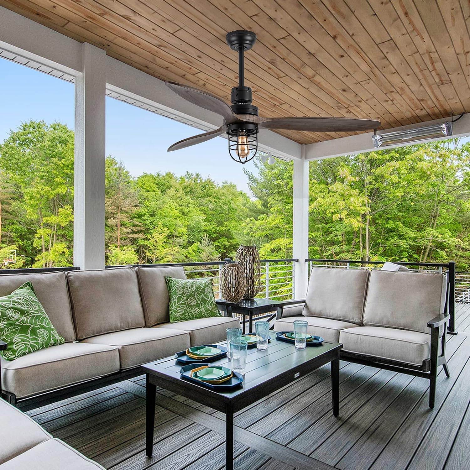 WWM 52 Inch Rustic Outdoor Ceiling Fan with Light and Remote, 3 Wood Blades, Include Bulbs Modern Black Farmhouse Industrial Ceiling Fan for Outdoor Ceiling Fans for Patios,Porch,Bedroom