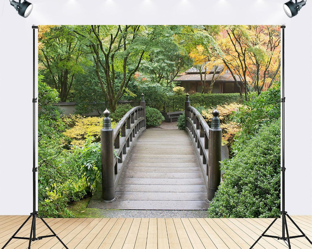 Trykid 20x10ft Japanese Garden Wooden Bridge Backdrop Autumn Maple Tree Tea House Photography Background Serene Oriental Landscape Party Decoration Tapestry Photo Booth Prop Fabric