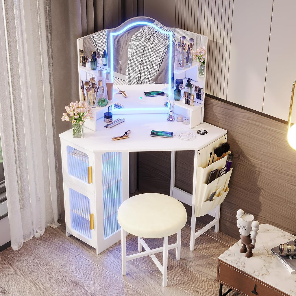 Lareth Corner Vanity Desk with 3 Way Mirror and Lights, Modern Makeup Vanity with Charging Station, 44' Large Bedroom Dressing Table with Stool & Shelves, Gifts for Girls Women, White