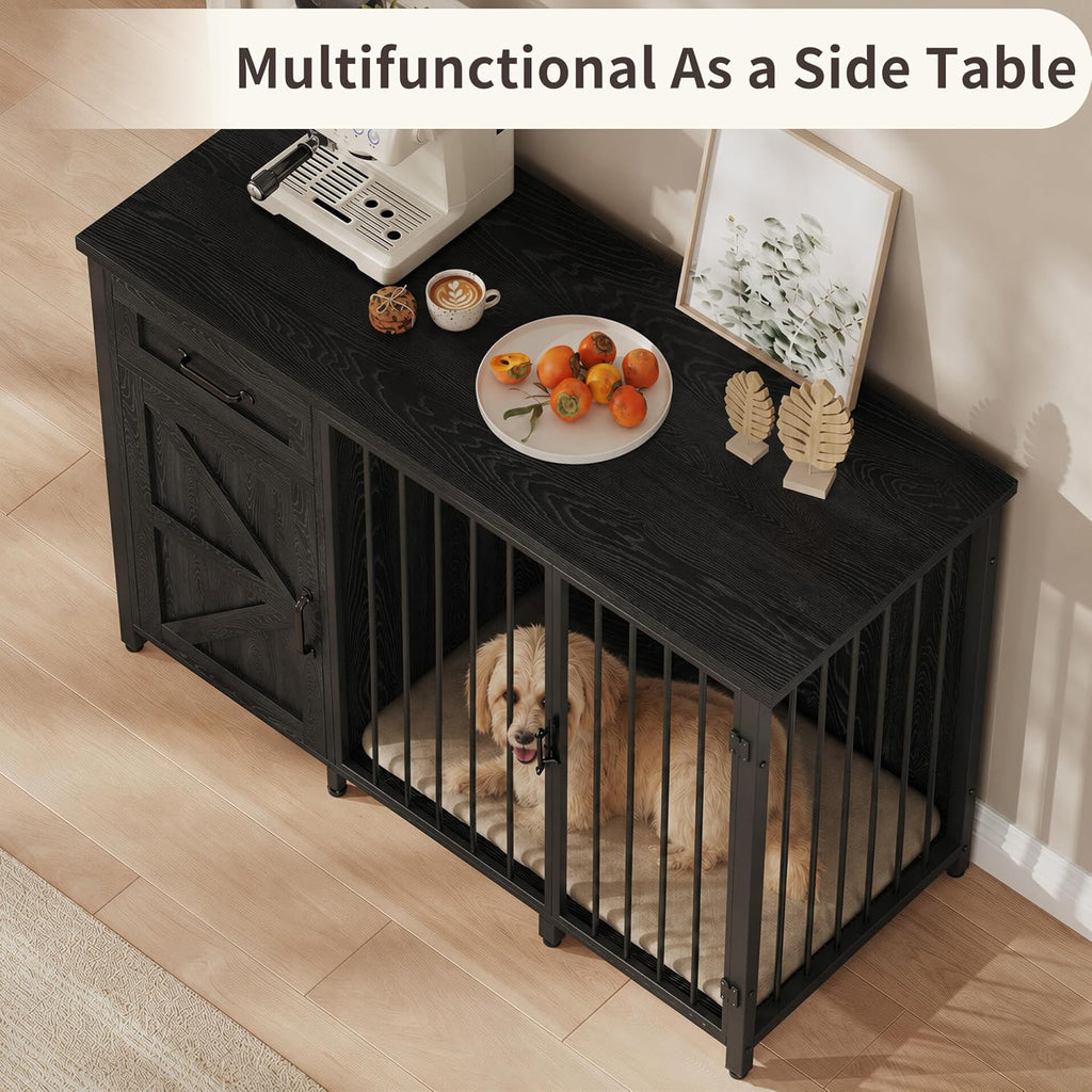 kepptory 2-in-1 Furniture Dog Crate End Table, Heavy Duty Dog Crate Furniture with Charging Station, Large Wooden Dog Kennel for Indoor with 440 lbs Load Capacity Metal Door Dog Cage for Living Room