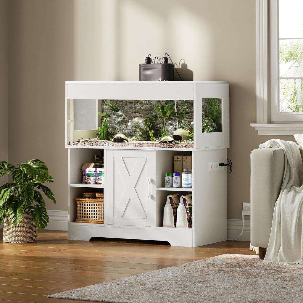 Herture 40 Gallon Reptile Terrarium Tank with Storage Cabinet, Reptile Tank with Stand, for Leopard Geckos, Corn Snakes, Juvenile Pets, Sliding Acrylic Doors, Mesh Top, Power Outlet, White PX03RTW