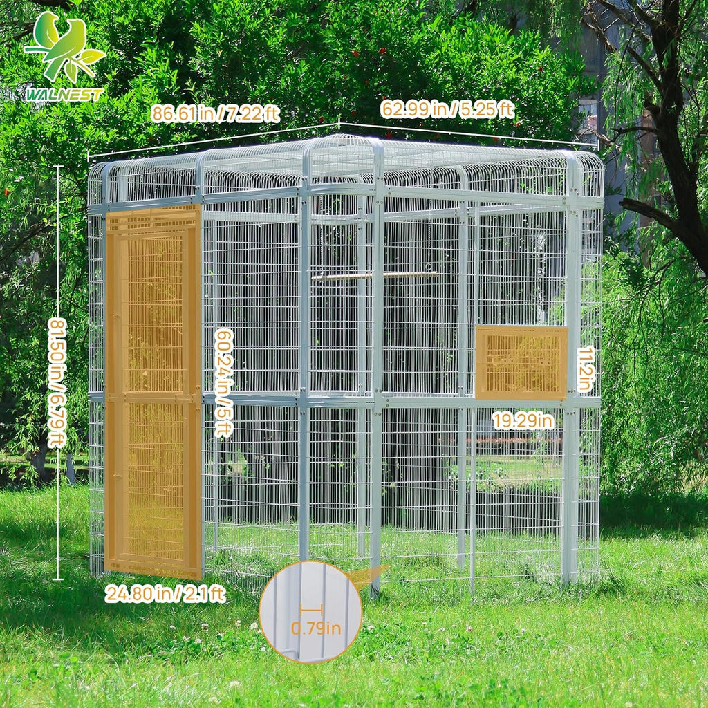 Large Walk-in Cage 87-inch Heavy Duty Bird Cage Outdoor Carbon Crystal Board Aviary Parrot Cage Wide Flight Metal Birdcage for Macaw Budgie Conure Lovebird Parakeet Cockatiel, 7.22x5.25x6.8ft, White