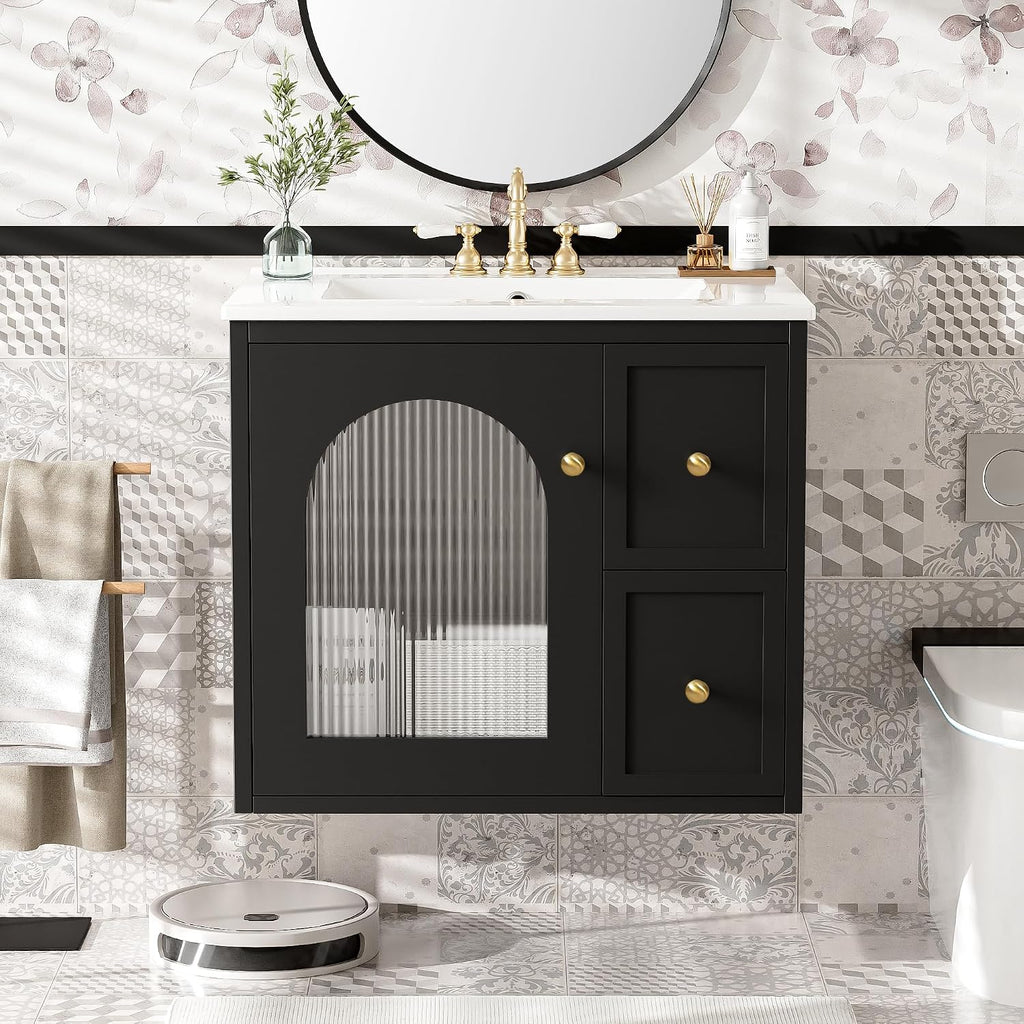 24 Inch Modern Wall Mounted Floating Bathroom Vanity Set with Ceramic Sink, 2 Drawers and 1 Soft-Close Door Bathroom Sink Cabinet for Guest Baths Master Suites (Black)