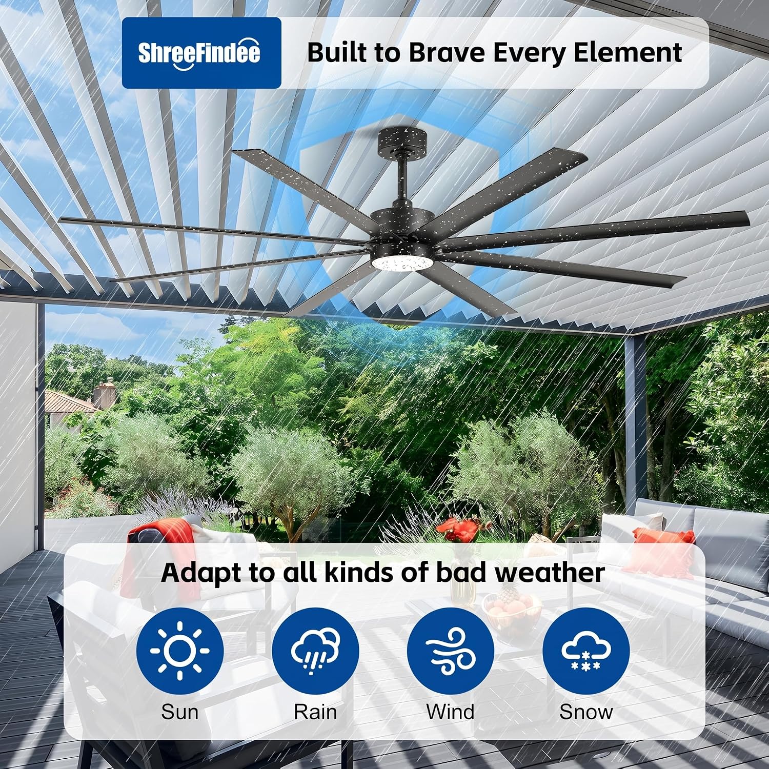 56 Inch Smart Outdoor Ceiling Fan with Light, IP Wet Rated All Weather Waterproof, 8 Black Aluminum Blades (Rust-Proof), High CFM Quiet DC Motor, Compatible with Alexa/App for Patio, Gazebo, Porch